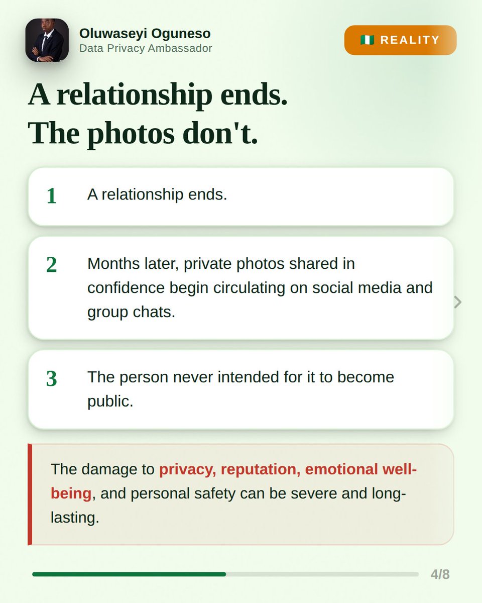 ogunesoseyi's tweet photo. Day 4 of the NDPC Data Privacy Ambassador 7-Day Challenge. 💚

When people hear "data privacy," they often think about passwords, apps, or cyberattacks.
But privacy is also about the personal content we choose to share. https://t.co/Z4pcHi56Nx