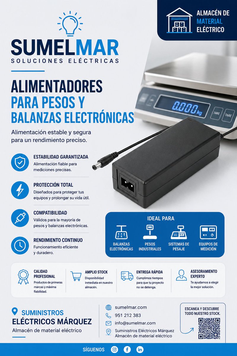 Sumelmar's tweet photo. Alimentación fiable para equipos de pesaje y medición.
Alimentadores para balanzas electrónicas con estabilidad, precisión y máxima seguridad.
📍 Suministros Eléctricos Márquez
Almacén de material eléctrico
🌐 https://t.co/ye3ojQCw3t
📞 951 212 383
📧 info@sumelmar.com
#Sumelmar https://t.co/KpyEa509F5