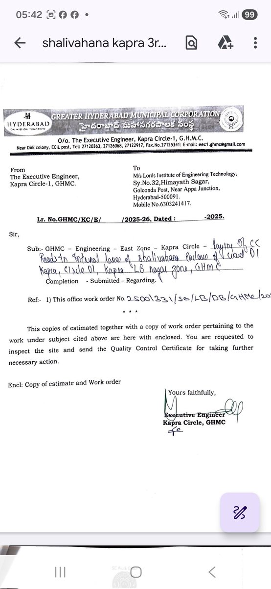 VCRaviKanth's tweet photo. @ZC_Uppal, @DC_Kapra, @ZC_LBNagar
As there is a deviation in Contract for CC road works execution by M/s Lords Institute of Engineering [6303241417] Technology, the matter is brought to the notice of GHMC for proper instructions &amp; advice please. https://t.co/Fz6Ycm2vRz
