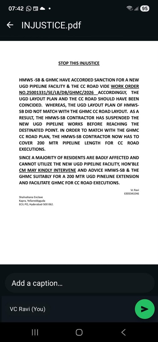 VCRaviKanth's tweet photo. @ZC_Uppal, @DC_Kapra, @ZC_LBNagar
As there is a deviation in Contract for CC road works execution by M/s Lords Institute of Engineering [6303241417] Technology, the matter is brought to the notice of GHMC for proper instructions &amp; advice please. https://t.co/Fz6Ycm2vRz