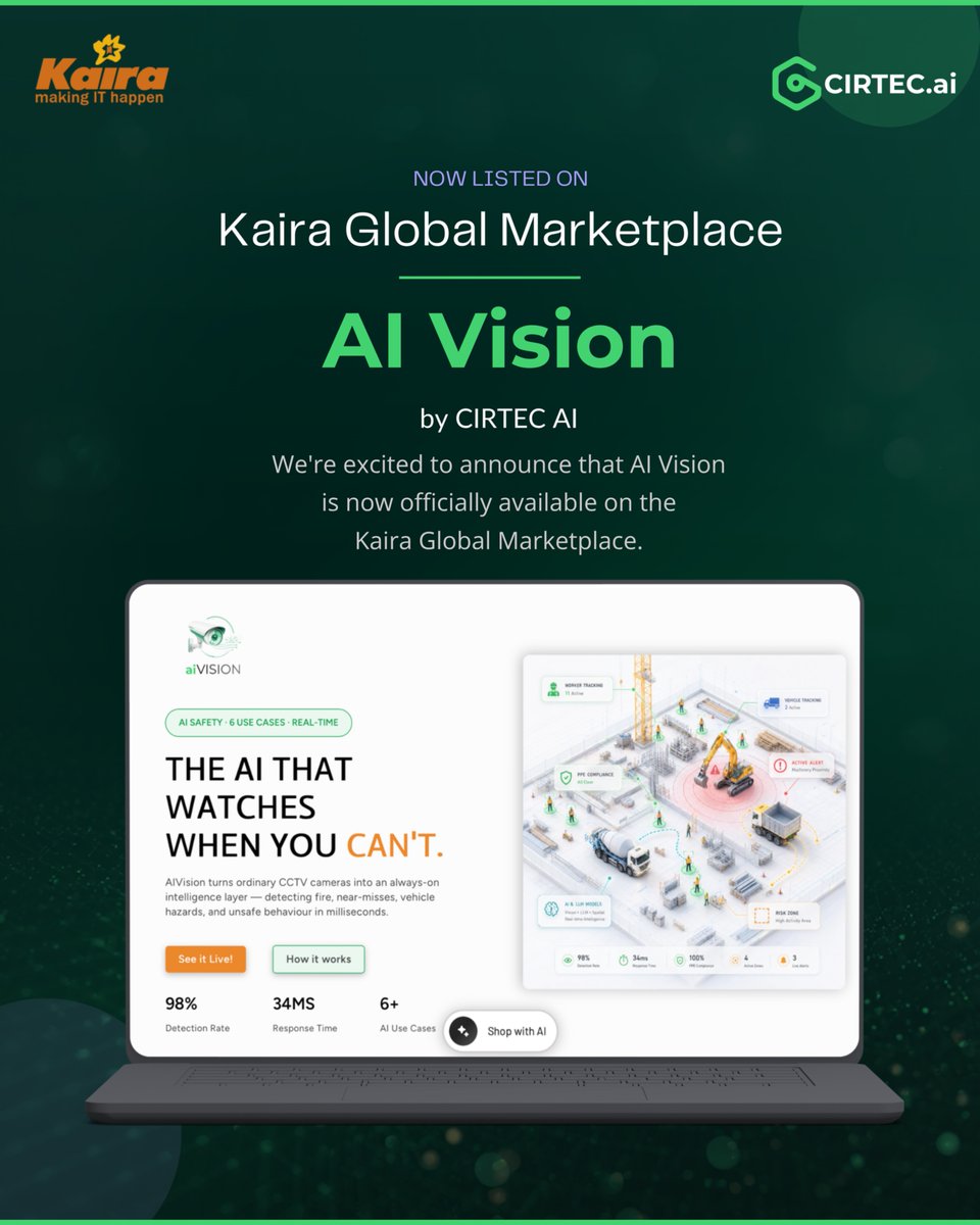 cirtec_ai's tweet photo. The AI That Watches When You Can't.
We're pleased to announce that AI Vision is now listed on the Kaira Global Marketplace.
AI Vision transforms ordinary CCTV cameras into an always-on intelligence layer — detecting fire,  hazards, and unsafe behaviour in milliseconds. https://t.co/tMljwDiRdt