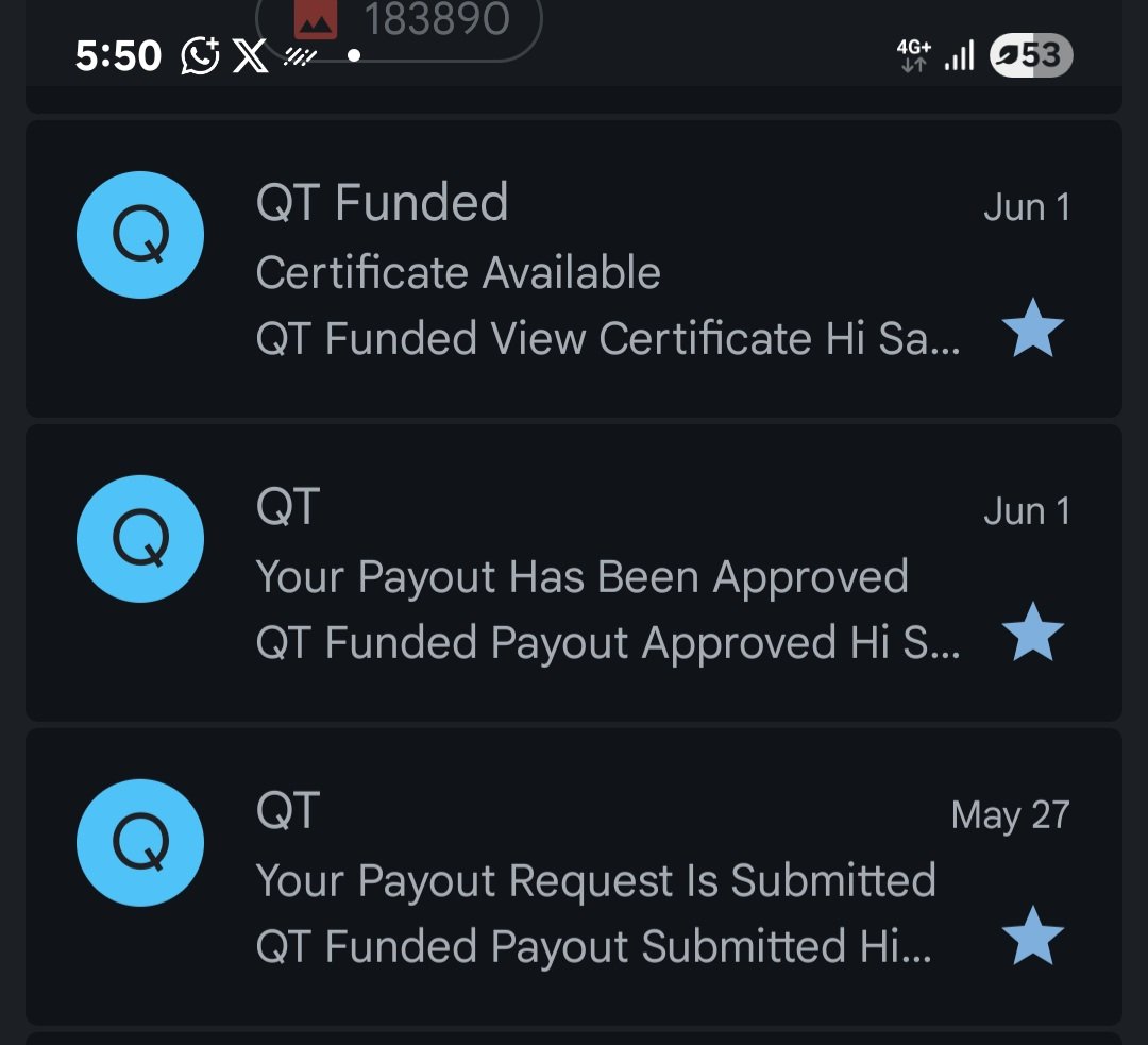 SammyGdave's tweet photo. First Payout Received, Finally got paid on my $25k Funded account with @QtFunded @AlexQuantTekel
last Friday! Hit 5.47% and successfully withdrew. After all the drawdowns, lessons, patience and discipline โ weโre here. #FundedTrader #QtFunded #PropChallenge #TradingJourney https://t.co/5camU9wpHK