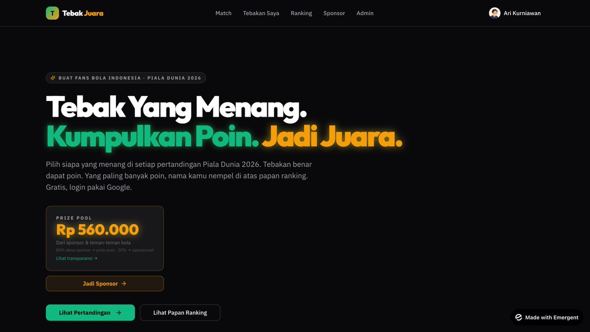 idearik's tweet photo. Banyak orang Indonesia suka sepakbola dan memang sepakbola apalagi piala dunia itu identik banget sama taruhan.

Katanya orang Indonesia itu religius yang artinya j*di itu tidak boleh. Tapi prediksi itu seru. 

Karena paradoks ini, saya bikin Tebak Juara! https://t.co/Qh81k9RbTM