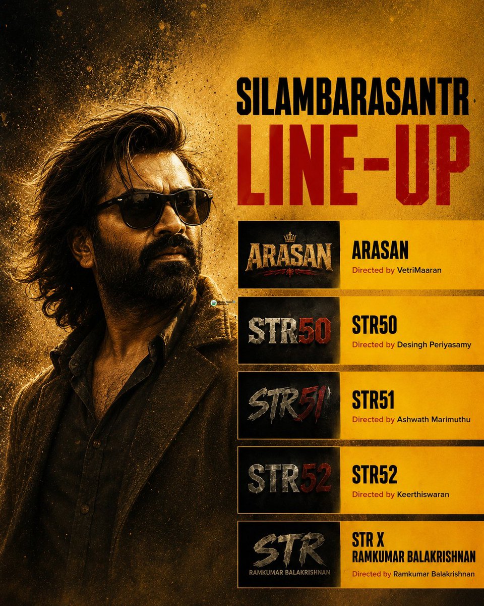 GowriS_Official's tweet photo. #SilambarasanTR's Line-Up is looking absolutely MASSIVE! 📈🔥

⚔️ #Arasan – #VetriMaaran
💥 #STR50 – #DesinghPeriyasamy
✨ #STR51 – #AshwathMarimuthu
🎬 #STR52 – #Keerthiswaran
🎉  STR x #RamkumarBalakrishnan

A perfect mix of content, commercial appeal, and exciting collaborations. If all goes as planned, the next few years could belong to #STR! 🐐