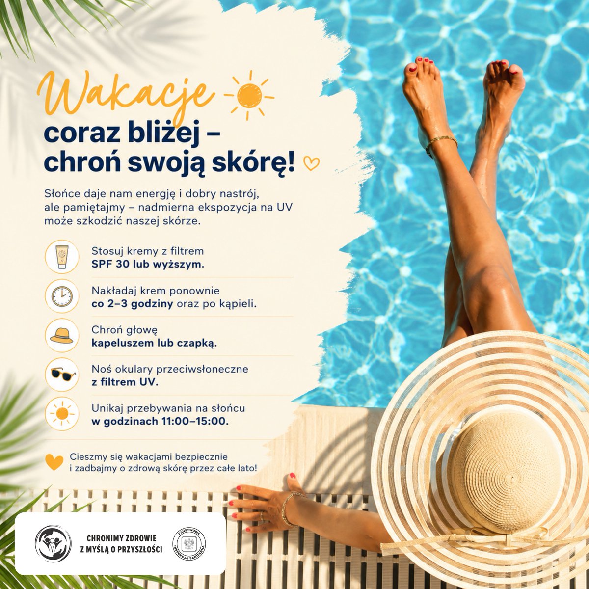PSSE_RudaSlaska's tweet photo. ☀️ Wakacje coraz bliżej! Pamiętaj o ochronie skóry przed słońcem.🧴 Stosuj krem z filtrem SPF 30+
🧢 Noś czapkę lub kapelusz
🕶️ Zakładaj okulary z filtrem UV
🌤️ Unikaj słońca między 11:00 a 15:00 
Ciesz się latem bezpiecznie i zadbaj o swoją skórę! 💛 https://t.co/3062DfiyM8