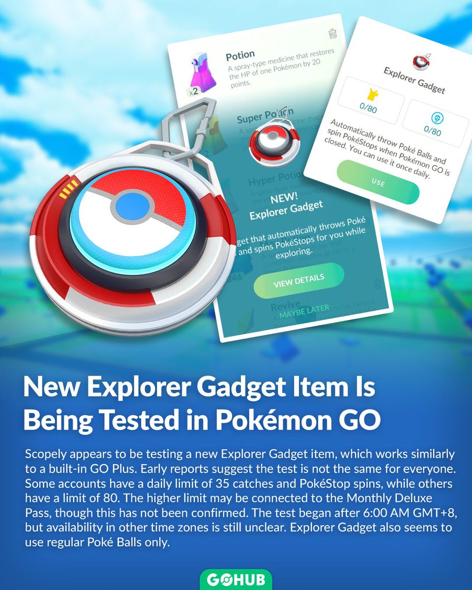 PokemonGOHubNet's tweet photo. 🚨 Pokémon GO is testing a new Explorer Gadget item!

It appears to work like a built-in GO Plus-style auto-catcher, with early reports showing different daily limits between accounts.

🎯 Auto-catching
🔄 PokéStop spinning
🎒 Regular Poké Balls only
🧪 Still in testing

More details 👇
https://t.co/UOwAWTyORa