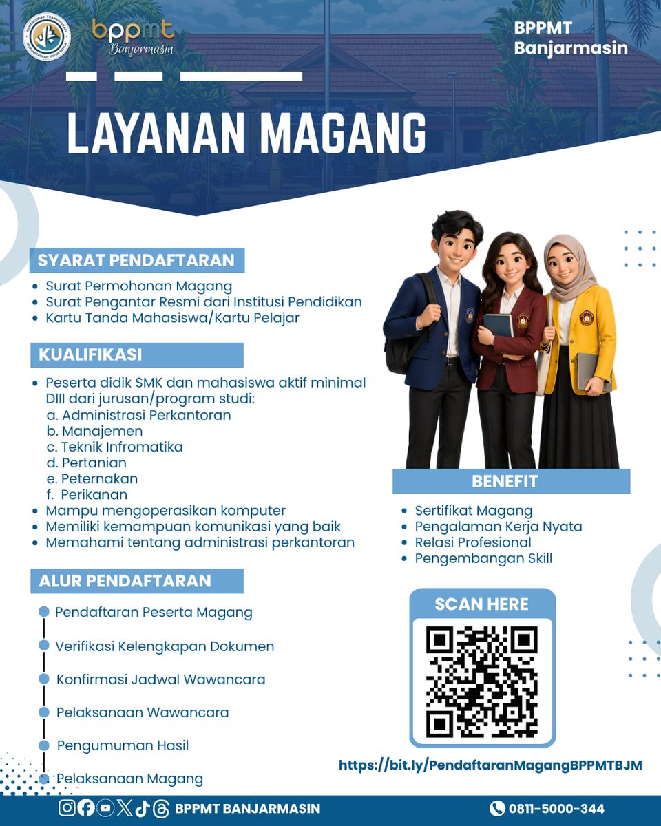 BppmtBjm's tweet photo. BPPMT Banjarmasin membuka kesempatan untuk menambah pengalaman, wawasan, dan keterampilan kerja melalui kegiatan magang di lingkungan BPPMT Banjarmasin. Yuk, simak informasi lengkap mengenai persyaratan dan tata cara pendaftarannya.
#InformasiMagang
#MagangBanjarmasin
#Kementrans https://t.co/17VbCNLzyd