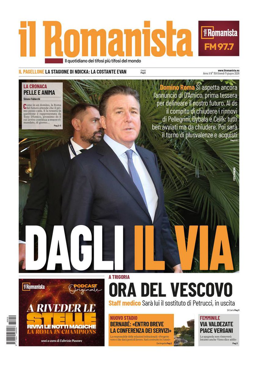 ilRomanistaweb's tweet photo. ❗️DAGLI IL VIA ❗️

🗞 Leggi il giornale: https://t.co/0o5QN0kBVi

Si aspetta ancora l’annuncio di D’Amico, prima tessera per delineare il nostro futuro. Al ds il compito di chiudere i rinnovi di Pellegrini, Dybala e Celik: tutti ben avviati ma da chiudere. Poi sarà il turno di plusvalenze e acquisti (Pag 2-3)

🔥Pelle e anima (Pag 2-3)

⏳Ora Del Vescovo (Pag 3)

🔜 Via Valdezate, piace Vergani (Pag 3)

#ASRoma