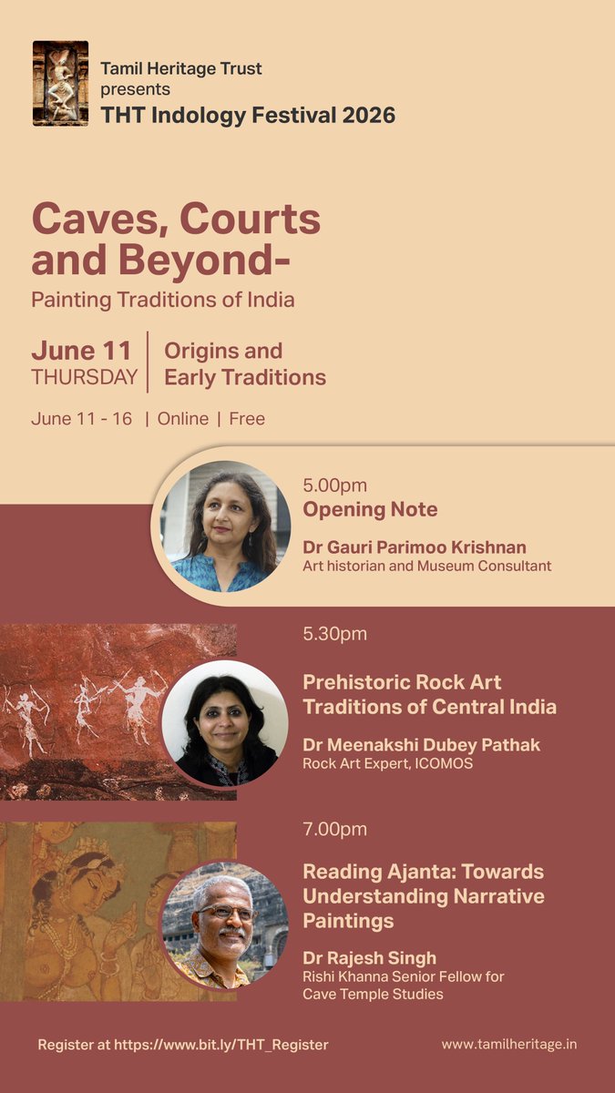 WriterGopu's tweet photo. @TamilHeritageTN TODAY (11-Jun, Thursday) is Day 1 of THT Indology Fest 

5pm: Dr. Gowri Parimoo Krishnan delivers the opening note

5:30pm : Dr. Meenakshi Dubey speaks on Central India's prehistoric rock art

7pm: Dr Rajesh Singh speaks on Ajanta's narrative paintings

https://t.co/dJht2b96fZ https://t.co/W4NnsTmkox