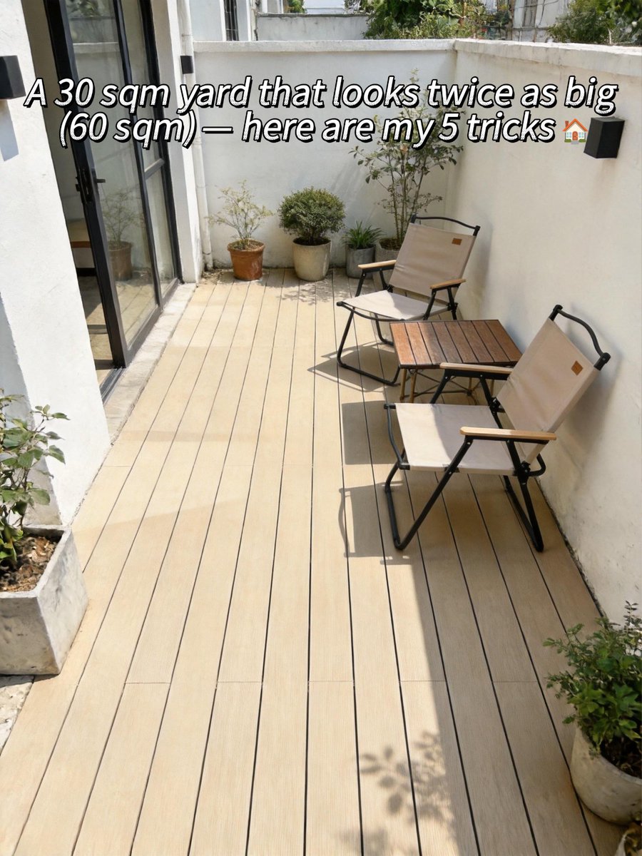 tech_woodn's tweet photo. Small yard, bigger feel: use light unified decking, keep open floor space, layer plants from ground cover to trees, soften hard boundaries, and add a corner focal point or mirror. TECHWOODN WPC decking helps create a clean, bright base.

#WPCDecking #SmallYardDesign https://t.co/Dlia4uIS7i