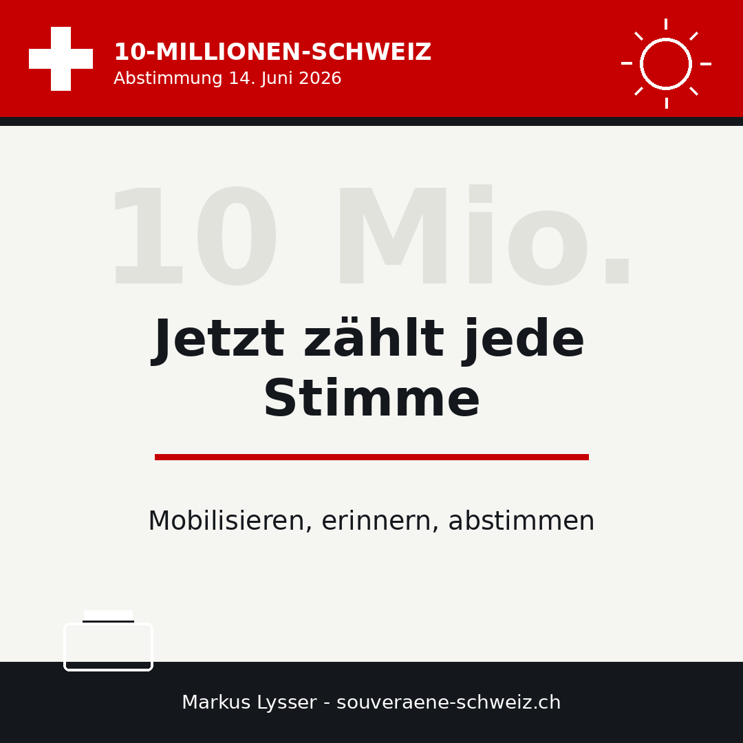 MLLW58's tweet photo. 𝑆𝑒𝑟𝑖𝑒 10 𝑀𝑖𝑙𝑙𝑖𝑜𝑛𝑒𝑛 𝑆𝑐ℎ𝑤𝑒𝑖𝑧

Jetzt zählt jede Stimme

Vier Tage bis zur Abstimmung.
• Mobilisieren • Erinnern • Abstimmen
Kurz: Jetzt aktiv werden.
Teilen hilft.
#10MillionenSchweiz #Schweiz https://t.co/FVCskkRBIR