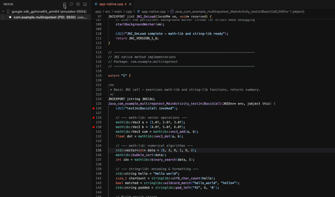 huozman's tweet photo. Debugging native C++ in Android Studio has been pretty painful for me — laggy and disconnects way too often
So I built Nexus for Android Debugger, a vscode extension to make native debugging right inside VS Code - light, fast, stable.
Android + C++ + CMake? Check it out. https://t.co/SaOfuXeqzy