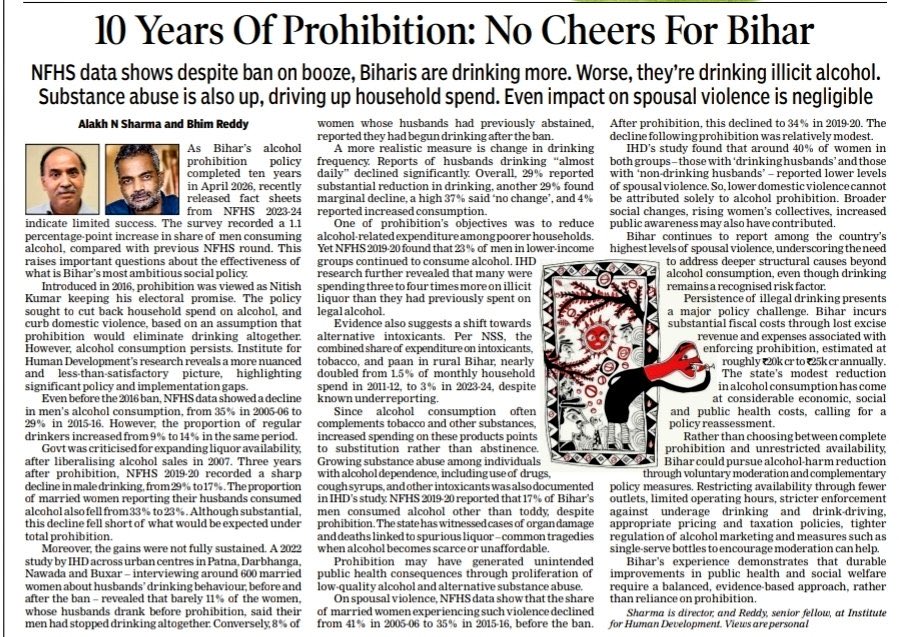 siddharth3's tweet photo. It’s been 10 years since alcohol prohibition in Bihar. A government survey has shown that alcohol consumption has actually increased in this period. And they’ve moved to illicit liquor, which is far more dangerous. All on expected lines. https://t.co/JuftHB3vkY