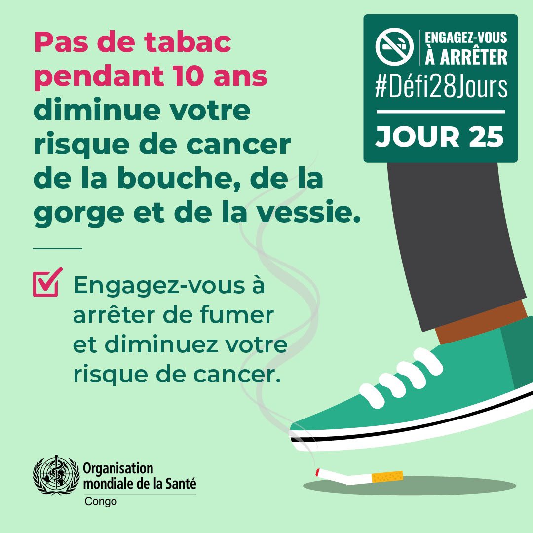 MbuniMonami's tweet photo. 🚭 Bonne nouvelle : arrêter de fumer porte ses fruits ! Après 10 ans sans tabac, le risque de cancers de la bouche, de la gorge et de la vessie diminue. Chaque jour sans tabac est une victoire pour votre santé.

#Défi28jours #Jour25 #OMSCongo https://t.co/g4b91ZuGlS