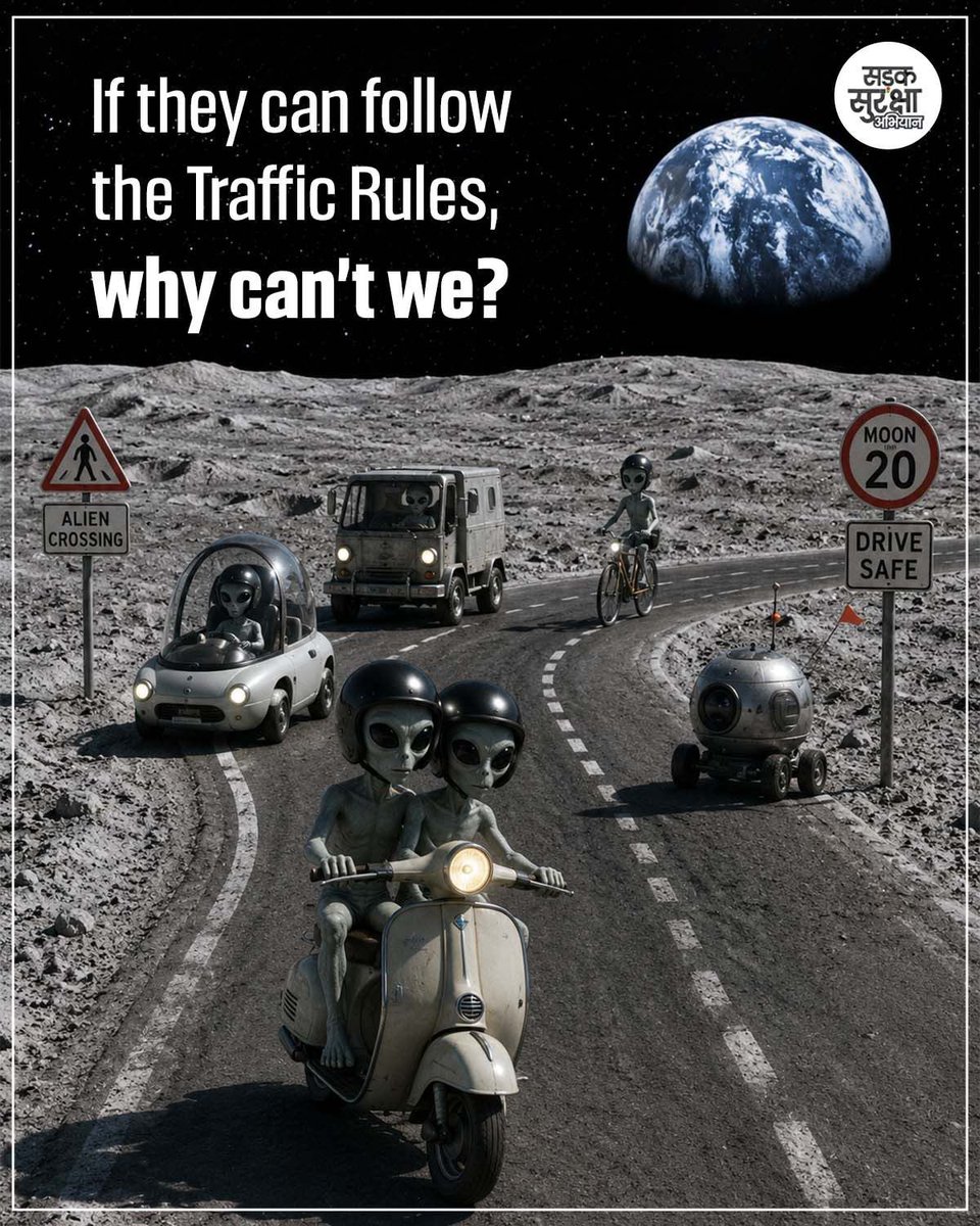 SSAIndia's tweet photo. No matter the planet, safe driving is universal.
Traffic rules aren’t rocket science, they’re life science. Keep your speed down to Earth and every journey on the right trajectory.
#SadakSurakshaAbhiyan #SafeDriving https://t.co/Pd3wA96vli