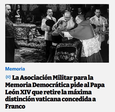 EdGoCuRo's tweet photo. La asociación reclama al Pontífice que revoque el Gran Collar de la Suprema Orden de Cristo concedido a Franco por Pío XII, tras sus mensajes en España en favor de la paz, la dignidad humana y los derechos  humanos
https://t.co/DvnmlnBoAB https://t.co/5zpI4jmNjy