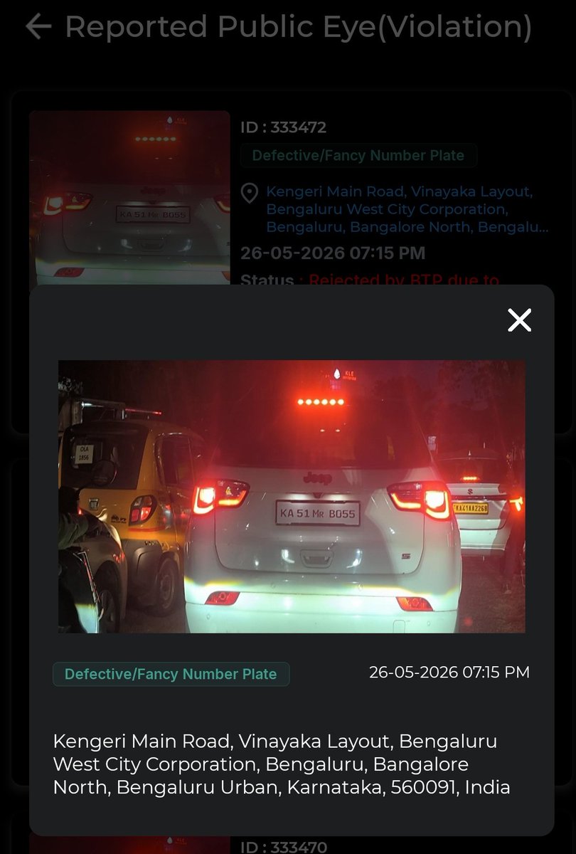RAshwin1987's tweet photo. Rejected the public violation due to insufficient data itseems. Hey @blrcitytraffic what data you need? Then why u ask public to report? https://t.co/zph41vd8EV