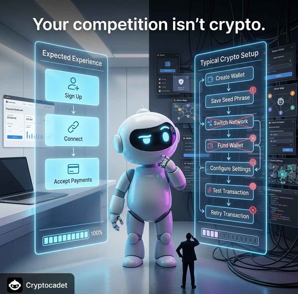 Cryptocadetapp's tweet photo. crypto isn't competing with crypto.

it's competing with the easiest payment experience people have ever used.

that's the benchmark.

not other blockchain projects. https://t.co/4vZWKZMcWK