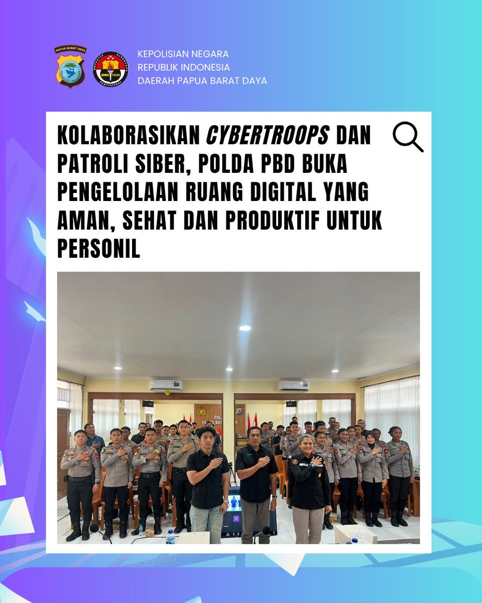 Humaspoldapbd's tweet photo. SORONG – Kepolisian Daerah Papua Barat Daya (Polda PBD) mengambil langkah strategis dalam menjaga kondusifitas media sosial dengan menggelar kegiatan bertajuk "Kolaborasi Cyber-Troops dan Patroli Siber". https://t.co/GpkU6pPGLg