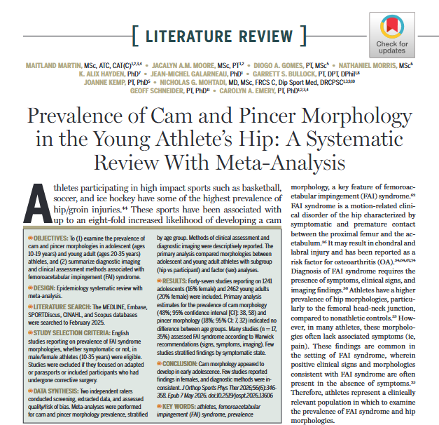 JOSPT's tweet photo. "Cam morphology was highly prevalent in adolescent and young adult athletes"

Our June #Review looked the prevalence of both cam and pincer hip morphology in adolescent and young adult #Athletes

Read what they found ➡️ https://t.co/LI4TemM13Z

#yourJOSPT #Hips #Youth #FAI https://t.co/g5WxlseNHn