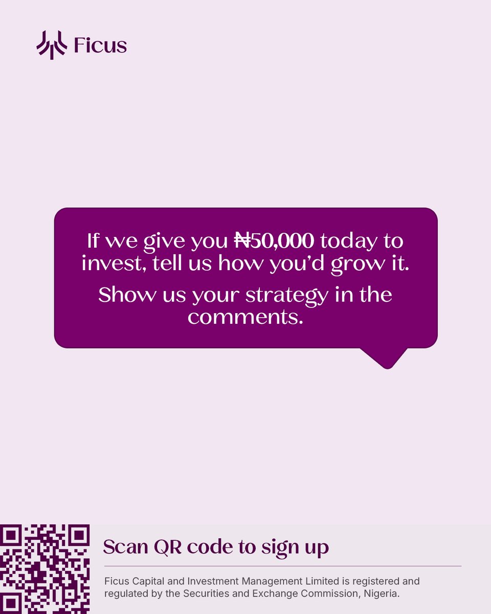 ficuscim's tweet photo. If we handed you ₦50,000 today to invest, what would you do with it?

We are curious. How would you turn ₦50K into something bigger?

Drop your strategy in the comments 👇

#Ficus #Moneystrategy #Investment https://t.co/YdwY7DGh5S