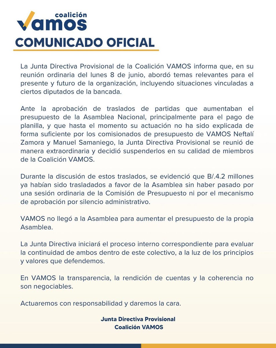 destinopanama_'s tweet photo. #LoÚltimo | La Coalición Vamos suspende a los diputados Neftalí Zamora y Manuel Samaniego por aprobar traslados para aumentar planilla de la Asamblea Nacional de forma oculta, sin pasar por canales sesión en Comisión de Presupuesto y silencio administrativo. https://t.co/olqq6nwMZT