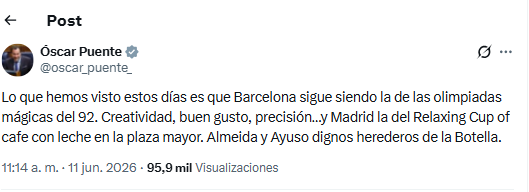 fernandezsj's tweet photo. "Es menester un diálogo social que podemos comparar con el arte de tejer redes, que implica encuentro, escucha, diálogo y respeto"

Óscar Puente no ha escuchado una sola palabra de los mensajes de León XIV.

¿Algo qué decir @MarotoReyes como portavoz del @PSOEMadridAyto ? 

Por cierto, al menos "la Botella" no está imputada como la mujer del 1.