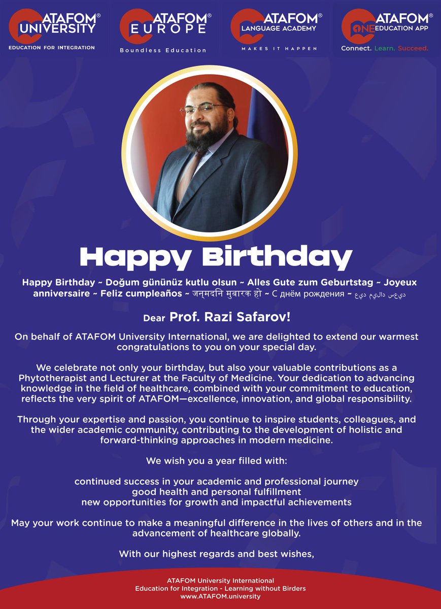 ATAFOMUni's tweet photo. Happy Birthday, Prof. Razi Safarov!

Wishing our Professor of Naturopathy at ATAFOM University International a year filled with good health, success, and continued impact in healthcare and education.

#HappyBirthday #ATAFOM #Naturopathy #FacultyOfMedicine #EducationForIntegration https://t.co/62Rx5sSuNO