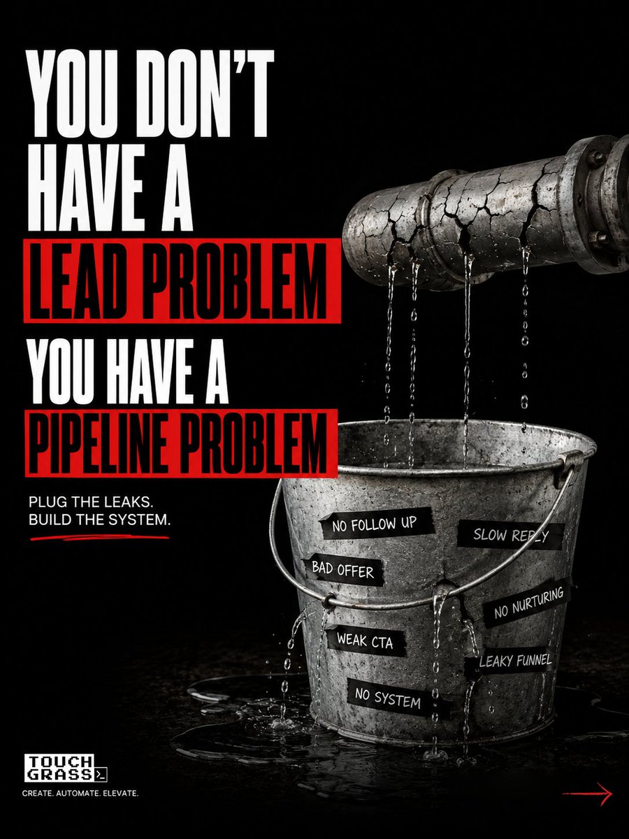 GoTouchGrass's tweet photo. Most businesses lose leads long before they lose sales.

We build automated pipelines that capture every lead, respond instantly and turn interest into opportunities.

Create. Automate. Elevate.

Plug the leaks. Build the system.

#GoTouchGrass #LeadGeneration #BusinessAutomation https://t.co/1uYwZE9JyP