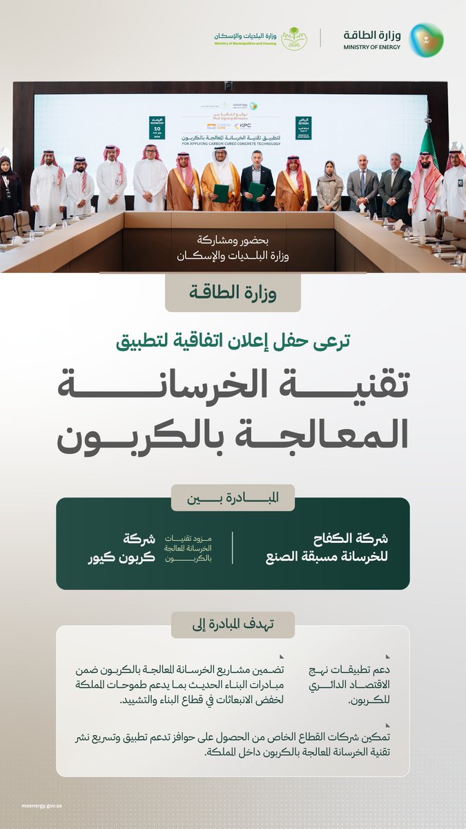 MoEnergy_Saudi's tweet photo. وزارة الطاقة ترعى حفل إعلان اتفاقية لتطبيق تقنية الخرسانة المعالجة بالكربون. https://t.co/JYhZM7on2V