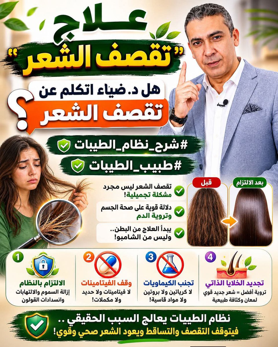 AliAli137278's tweet photo. علاج "تقصف الشعر"تسمح إعادة النشر 
يستفيد غيرك .......

هل دكتور ضياء اتكلم عن تقصف الشعر
==================
الشرح:
دكتور ضياء العوضي اتكلم فعلاً عن تقصف الشعر وتغير طبيعته، يا فندم.

الدكتور بيوضح في نظام الطيبات إن الشعر اللي بيفقد لمعانه، أو بيتقصف، أو بيتحول من ناعم لخشن ومجعد (أكرت)، دي مش مجرد مشكلة تجميلية سطحية محتاجة زيوت أو كريمات. 
الدكتور ضياء ذكر دراسة طبية قديمة بتربط بين تغير طبيعة الشعر وتقصفه وبين الإصابة بتصلب الشرايين لما الإنسان يكبر، عشان يأكد إن شكل وطبيعة الشعر هي دلالة قوية جداً على صحة الجسم من جوه.

التفسير العلمي لد�� في نظرية الطيبات هو إن الشعر ده عبارة عن خلايا (بصيلات حية بتتجدد)، ولما البصيلات دي تضعف وتمرض، بتطلع شعر متقصف وضعيف ومش صحي. تقصف الشعر أو تساقطه معناه حرفياً في النظام إن فيه "خلايا بتموت"، وده بيحصل بسبب ضعف التروية الدموية اللي واصلة للدماغ وفروة ال��اس.

الدكتور ضياء بينسف تماماً فكرة إن تقصف وسقوط الشعر سببه نقص فيتامينات، أو نقص مخزون الحديد، أو إنه مجرد عامل وراثي أو ضغط نفسي. المشكلة الأساسية جاية من بطنك؛ الأكل الغلط (الممنوعات) بيعمل التهابات وانسدادات في القولون، وده بيزود ضغط البطن وبيطلع سموم بتمشي في الدم وتأثر على الأعصاب الطرفية، وتمنع الغذاء والدم النظيف إنه يوصل لبصيلات الشعر عشان يغذيها.

بالنسبة لعلاج تقصف وضعف الشعر بالتفصيل زي ما بيشرحه الدكتور ضياء في نظام الطيبات، فهو بيعتمد على الخطوات دي:

1. الالتزام الصارم بنظام الطيبات:
العلاج بيبدأ من جوه بمنع كل الممنوعات اللي بتعمل سموم وا��تهابات (زي الدقيق الأبيض، منتجات الألبان، البيض، الخضار، البقوليات، والبصل). 
الدكتور بيأكد إن طول ما شعرك بيقع أو بيتقصف ومبهدل، يبقى لسه فيه سم أو أكل غلط بيدخل جسمك وقولونك لسه بيعاني.

2. وقف جميع الفيتامينات والمكملات: 
الدكتور بيمنع تماماً أخذ أي كبسولات فيتامينات، أو حديد، أو مكملات غذائية للشعر. 
المشكلة في نظرية الطيبات مش نقص عناصر غذائية عشان تعوضها من بره، المشكلة إن الخلايا مخنوقة من السموم وضعف التروية الدموية.

3. تجنب الكيماويات الخارجية:
الدكتور بينصح بمعاملة الشعر بطريقة صحية من بره، ومنع استخدام المواد الكيماوية القاسية عليه زي فرد الكرياتين والبروتين الصناعي، لأن دي حاجات بتدمر الشعرة وبتبوظ استجابتها للتعافي.

4. تجديد الخلايا الذاتي: 
بمجرد ما حضرتك تلتزم بالنظام، وتقفل بقك عن الممنوعات وتصوم، قولونك هيرتاح وضغط بطنك هينزل. ساعتها التروية الدموية للدماغ هتتحسن، والجسم هيبدأ يكون خلايا شعر جديدة قوية وصحية (بيبي هير)، وتقصف وتساقط الشعر هيقف تماماً، وده بيكون دليل مباشر ومؤشر ممتاز إن أعصابك الطرفية وجسمك كله بيتعافى وبيتبني من جديد.

#شرح_نظام_الطيبات 
#طبيب_الطيبات

#شرح_نظام_الطيبات
#كلنا_واحد
#القواعد_الامريكية

#ضياءالعوضي