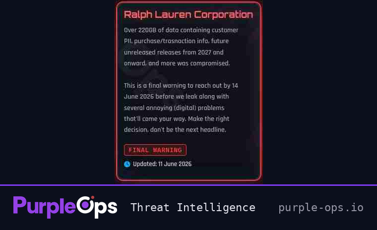 PurpleOps_io's tweet photo. SLSH has added Ralph Lauren to its leak site, claiming more than 220GB including customer PII, purchase and transaction data, and unreleased product material dated 2027 and beyond. The roadmap-leak angle is unusual for a fashion brand. Final warning with a 14 June deadline, nothing published yet.