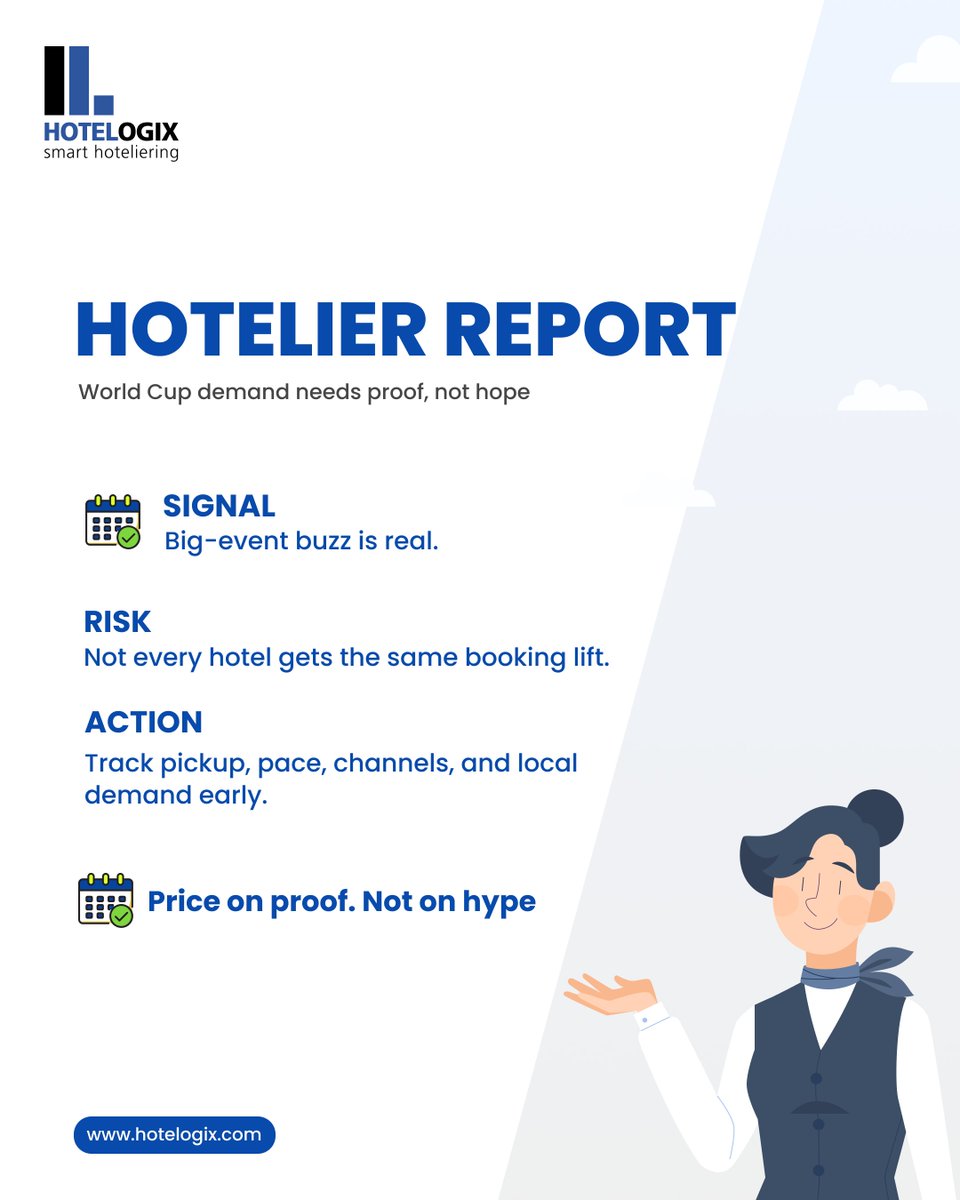 Hotelogix's tweet photo. World Cup buzz is real.

But not every hotel gets the same booking lift.

For event-market hotels, the smart move is simple:

Track pickup, pace, channels, and local demand early.

Price on proof.
Not on hype.
#HotelierReport #HotelRevenue #WorldCup2026 #Hospitality https://t.co/kVpnzanS6w