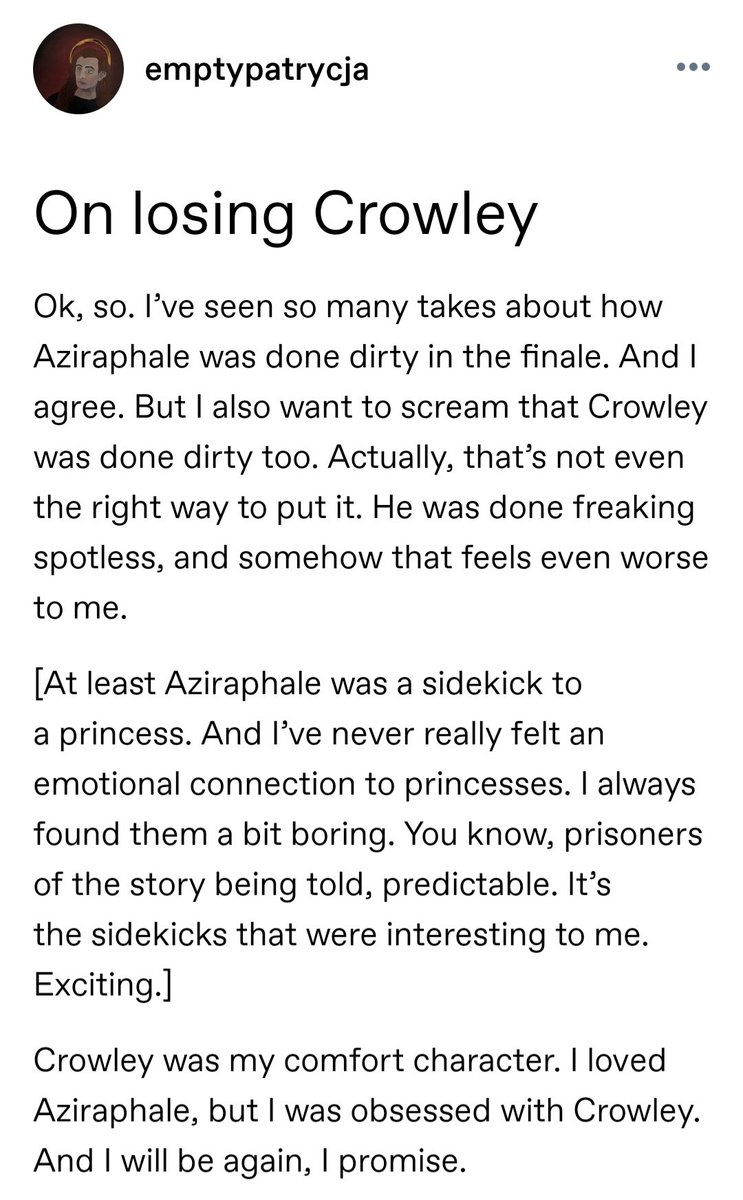 Snoo25369's tweet photo. How S3 lost Crowley's character traits that made him such a lovable character:

"The flawed Crowley tugged at my heart so much more than the spotless one ever could. Because what made him comforting to me was never moral perfection." https://t.co/BG3w2QGQ69