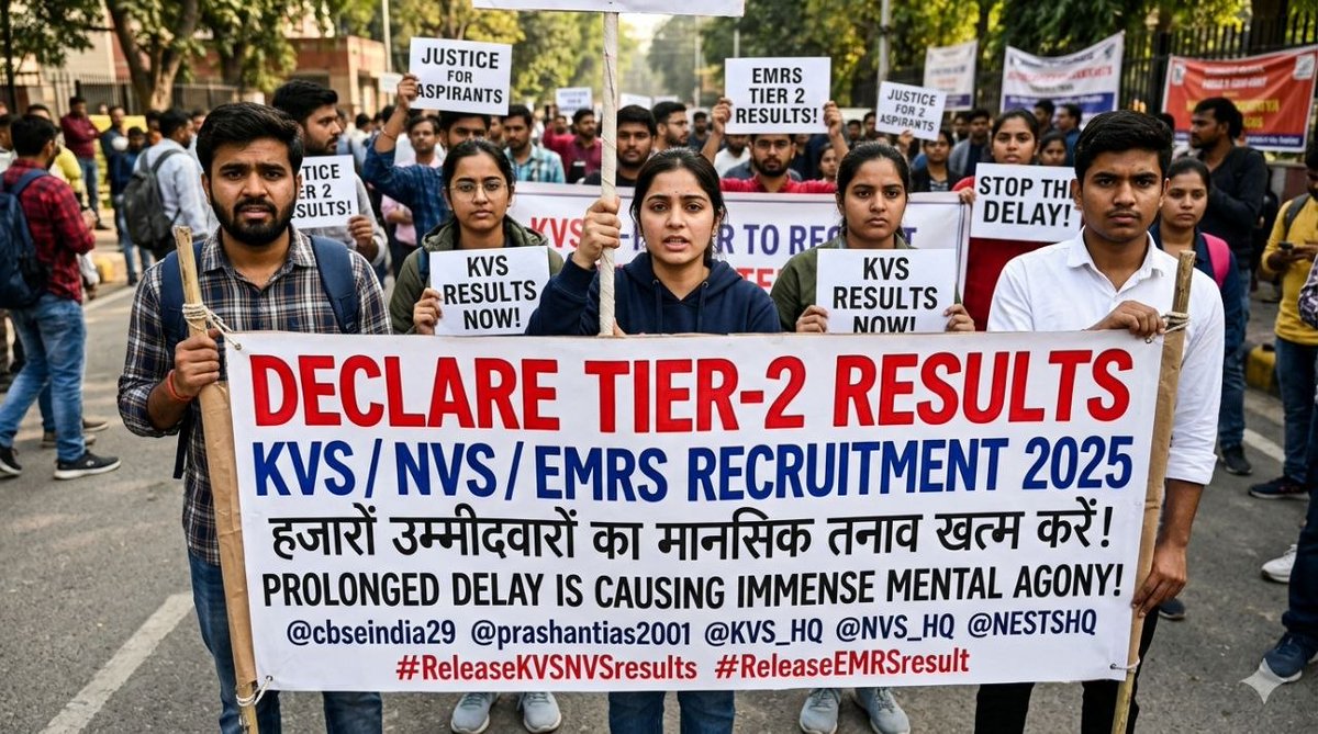 ysarvesh20's tweet photo. More than 2 months of waiting. Thousands of careers on hold. KVS, NVS &amp; EMRS results must be declared now.

#DeclareResultsNow
#ReleaseKVSNVSresults 
@cbseindia29 @NESTSHQ @EduMinOfIndia @KVS_HQ @EduMinOfIndia https://t.co/0asLnGaMBB
