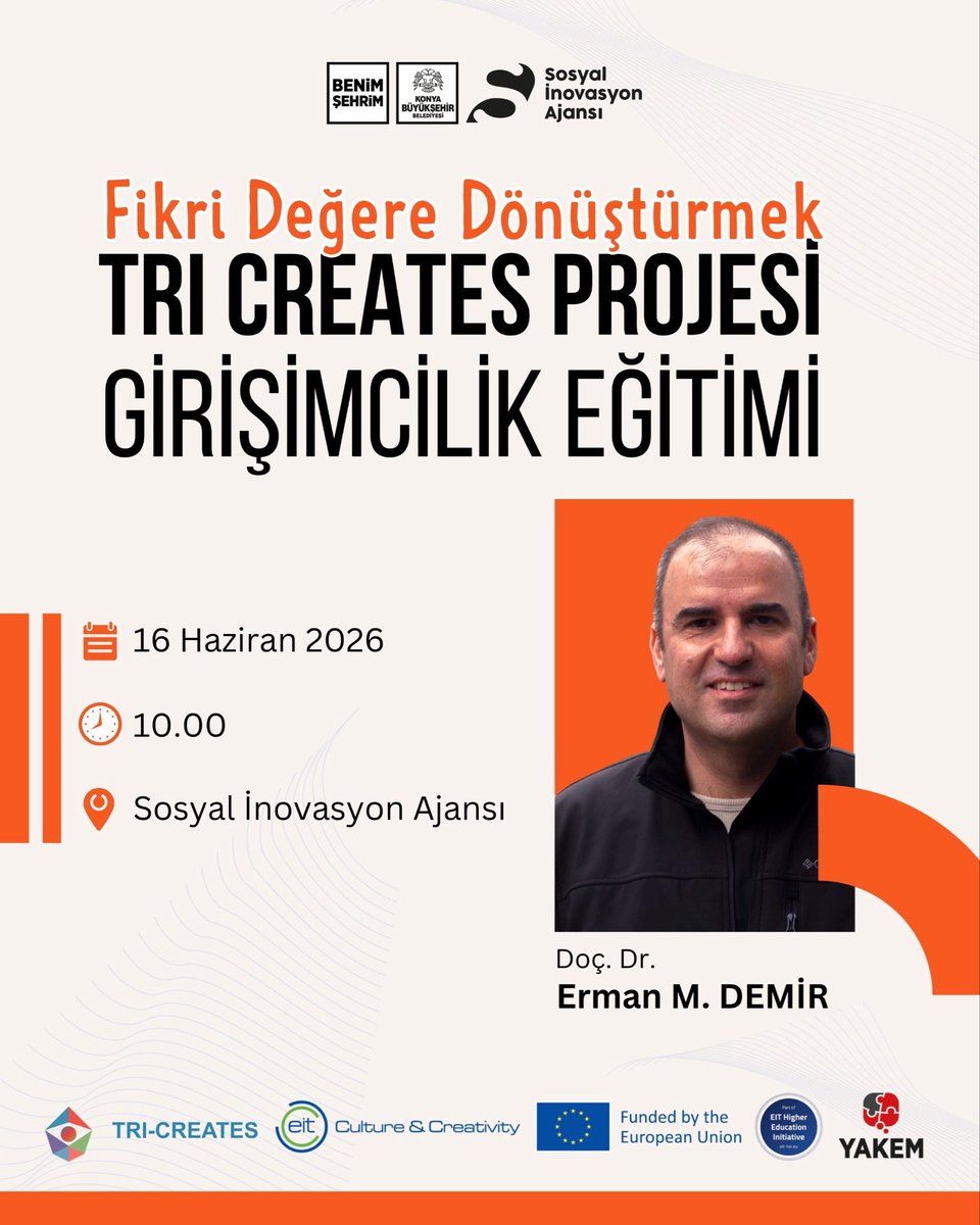 sinovasyonajans's tweet photo. Yenilik Müşterek: “SİA- Uluslararası Projeler”

Fikri Değere Dönüştürmek: 
TRI CREATES Projesi Girişimcilik Eğitimi SİA’da! 

TRI CREATES Projesi kapsamında düzenlenecek olan Girişimcilik Eğitimi’nde, fikir geliştirme, iş modeli oluşturma, girişimcilik ekosistemi ve sürdürülebilir değer üretimi gibi başlıklar ele alınacak. 

📅 16 Haziran 2026
🕙 10.00
📍 Sosyal İnovasyon Ajansı

#kültürendüstrileri
#sosyalinovasyon
#çekimalanı
#yeniliketkisi 
#TRICREATES