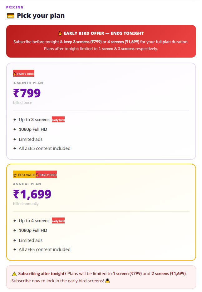 SudebCena's tweet photo. Zee5 UPDATE: Now it's an early bird offer. After 10pm it will revert back to the much debated 1 screen for 799 &amp; 2 screens for 1699.

WEB BROWSER WILL BE CAPPED AT SD. Only Zee5 App for FHD streaming. (Another 🤡 move, BTW)

Link: https://t.co/ZDR75o7Wl9

#Zee5Scam #FIFAWorldCup https://t.co/YYMETqMaCR