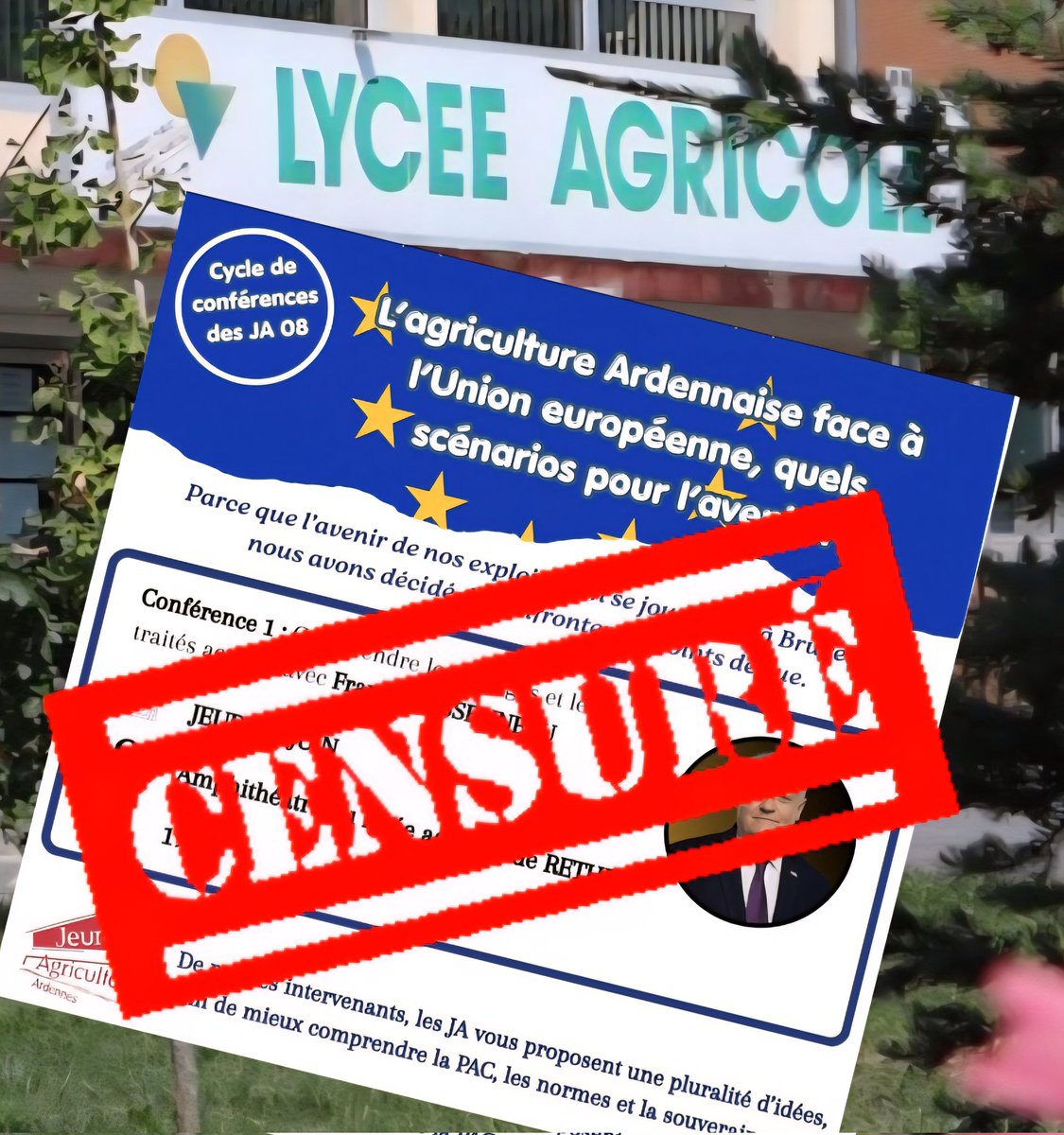 Phil_7338's tweet photo. Finalement les jeunes agriculteurs ont pu trouver une salle à 5 km du lycée agricole...

Mais vous rendez-vous compte du degré de censure que @f_asselineau subit H24 ?
IL fait peur au #système, c'est évident !
#France est une #democrature totale 🇨🇵
Pas de mots 💩 🤑 💩 https://t.co/mmvyz2ZlLi
