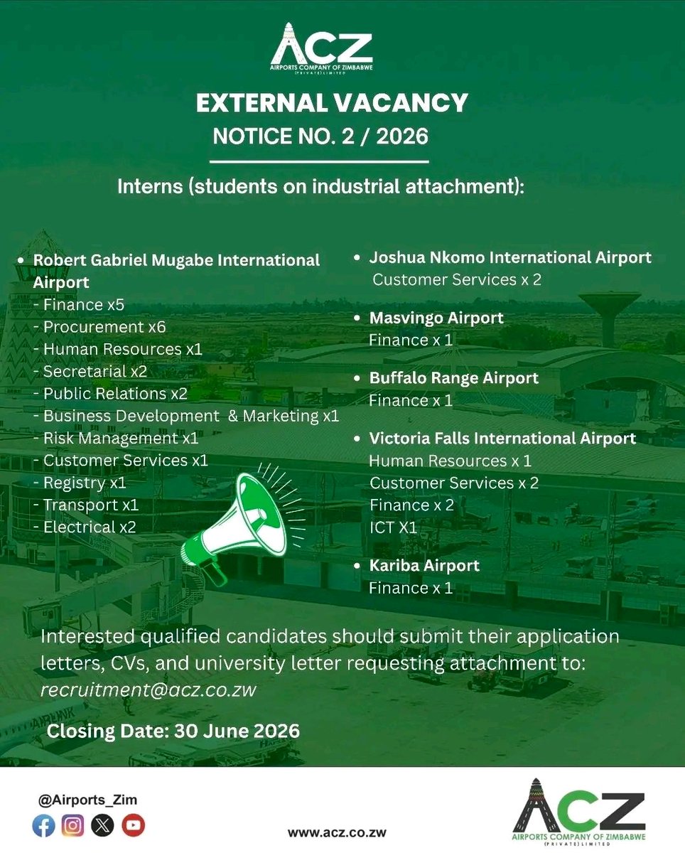 VacancyNotebook's tweet photo. Airports  Company of Zimbabwe 
 INTERNS ( Students on Industrial attachment  )

Closing date: 30 June 2026
Follow  us  for the Latest Vacancies Updates in 2026  Zimbabwe 🇿🇼 🇿🇼 
👇👇👇👇
https://t.co/KUXU1nHQCG

#vacancy #hiring  #Harare #zimbabwe #Bulawayo #Africa #career https://t.co/32BMR1oImy