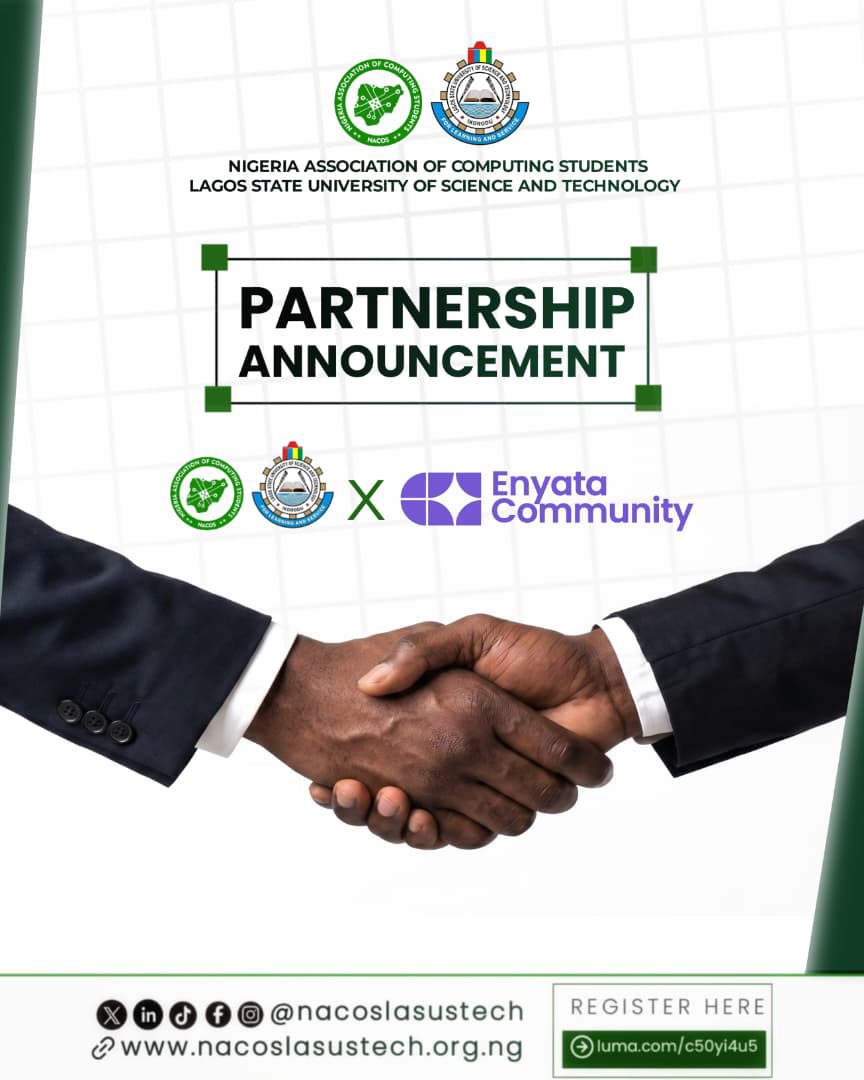 nacoslasustech's tweet photo. NACOS Day 2026 just got stronger.

We’re excited to welcome Enyata Community as a partner for this year’s edition.

More value, more impact, more growth for student developers. https://t.co/ZyXAW1Knsm