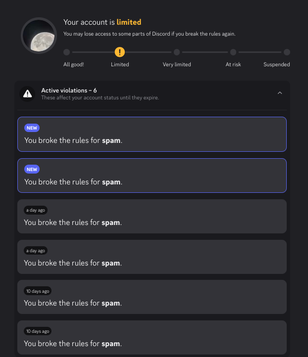 r1skdev's tweet photo. @discord @discord_support i literally cannot join any discord server without having my auth token blown up and a new warning slapped on my account

what did i even do????

user is r1skdev https://t.co/DsMAXdkPmu