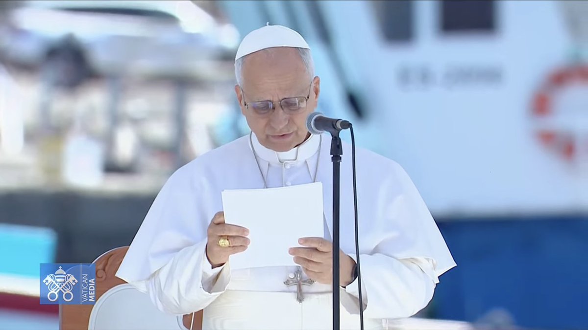 CatholicSat's tweet photo. Pope Leo XIV speaking at a Port in the Canaries where migrants from Africa arrive by boat: “While there is a right to seek refugee when life is threatened, there is also the right not to have to migrate, the right to remain in ones own home without hunger, war, persecution, violence, the land becoming uninhabitable, corruption stealing the bread from the poor, or weapons destroying the future of children.”