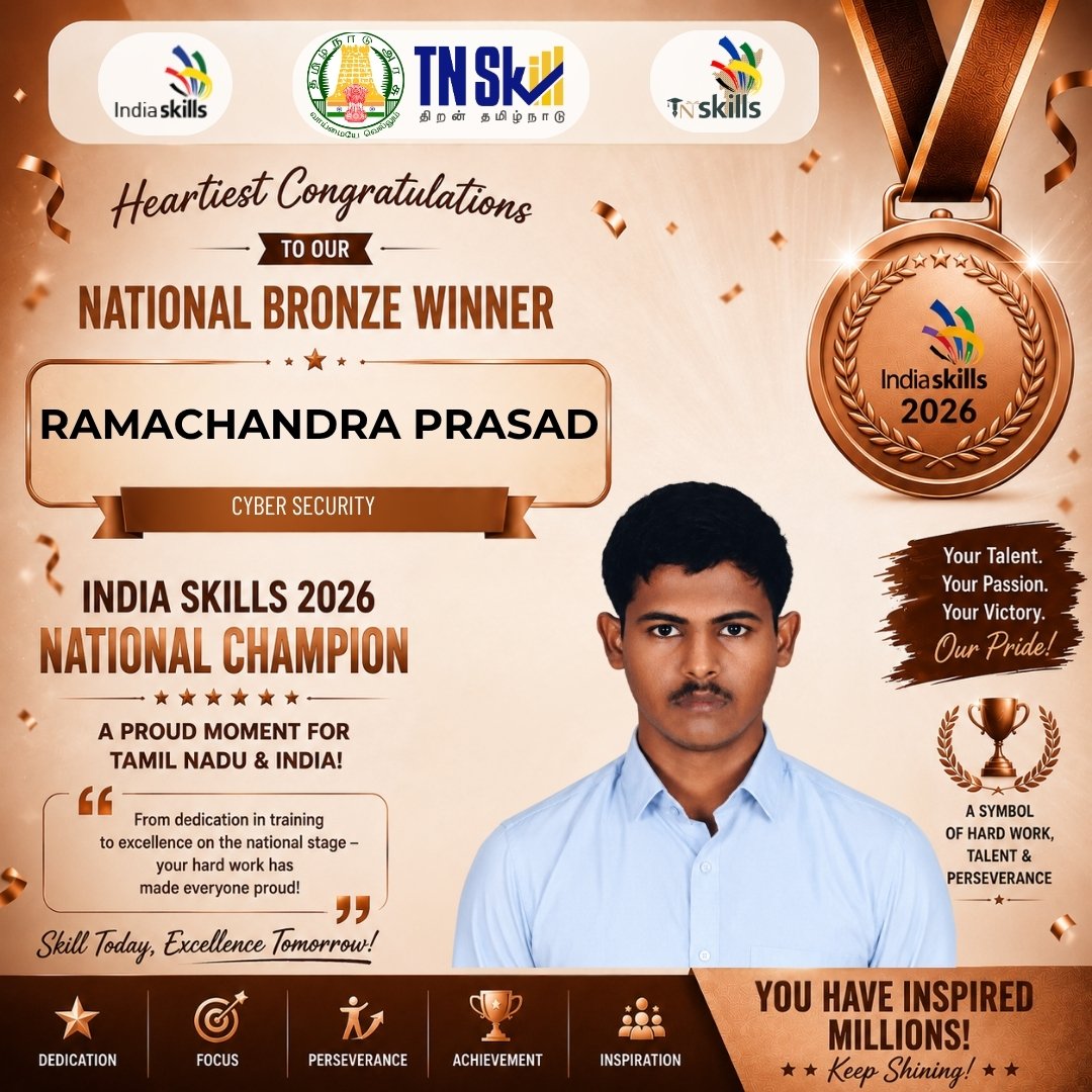tnskillofficial's tweet photo. 🥉 15 Bronze Medals. One Powerful Statement. Team Tamil Nadu Continues to Shine at IndiaSkills 2026!
🇮🇳 Congratulations to our 15 Bronze Medal Winners who showcased exceptional talent, determination, and technical excellence at the IndiaSkills National Competition 2026. Their remarkable achievement played a vital role in Tamil Nadu's outstanding performance on the national stage, reinforcing the State's position as a leader in skill development and vocational excellence.
🏆 Tamil Nadu – 2nd Place Overall in India
👥 64 Competitors Represented the State
🏅 46 Competitors Won Medals & Medallions for Excellence Overall Medal Tally
🥇 12 Gold Medals
🥈 7 Silver Medals
15 Bronze Medals
🎖️ 12 Medallions for Excellence From relentless training to national recognition, these champions have demonstrated that dedication, perseverance, and skill can transform aspirations into achievements. Your success inspires thousands of young aspirants across Tamil Nadu to pursue excellence and represent the nation on global platforms. Congratulations to our Bronze Medal Champions! 👏🏆
#IndiaSkills2026 #BronzeMedal #TNSKILL #SkillIndia #IndiaSkills 🏆