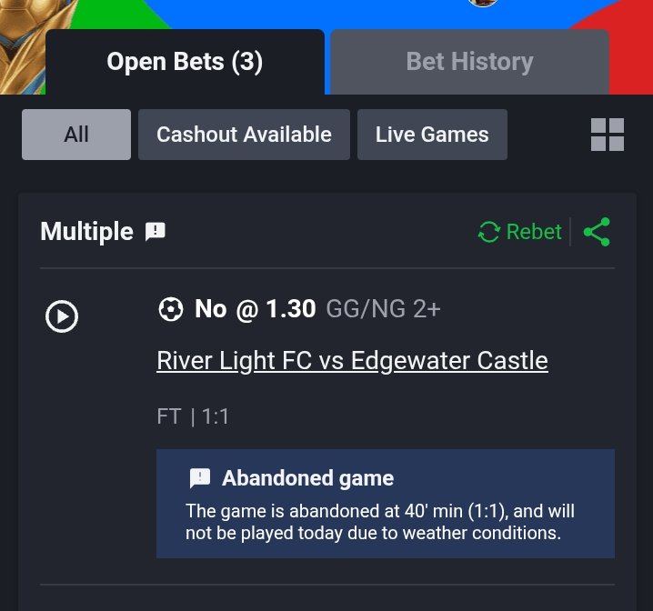 Phoenix7244's tweet photo. @Mrbankstips Good Morning Mrbanks,
Played this midnight game, the first one was abandoned and the rest came through... Is it going to be counted as loss or void, please? @Mrbankstips https://t.co/tOwbjykMdL