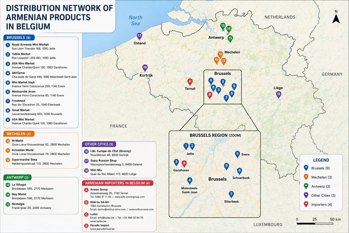 tbalayan's tweet photo. 🇦🇲🛍️ In our mission to promote #MadeInArmenia products, we are pleased to present a map of shops across 🇧🇪 Belgium that sell Armenian products. 📍

We look forward to expanding this network and adding many more locations.

Below is the Directory of Retailers and Importers of Armenian Products in Belgium: 

Brussels

Royal Armenia Mini Market

168 Rue Léon Theodor, 1090 Jette
Tel.: +32 2 427 28 93
Website: https://t.co/UlQKuYCkhF
AkhTamar
440 Chaussée de Gand, 1080 Molenbeek-Saint-Jean
Tel.: +32 2 414 99 39

Hayk Mini Market

259 Avenue Henri Conscience, 1140 Evere
Tel.: +32 477 49 59 89
Aram Mini Market

85 Avenue Henri Conscience, 1140 Evere
Tel.: +32 484 71 78 26
Facebook: https://t.co/BfyWEe1QD3

Tatlim Market
459–461 Rue Léopold I, 1090 Jette
Tel.: +32 486 66 33 72
Facebook: https://t.co/S6cFzwIt8r

Freshmed

35 Rue de l'Escadron, 1040 Etterbeek
Tel.: +32 2 736 05 28
Website: https://t.co/R8H0t0lYG8
Great Market
650 Leuvensesteenweg, 1030 Brussels
Tel.: +32 2 217 65 94
Website: https://t.co/6BV9eVBz5b

ASA Mini Market

100 Avenue Charles Quint, 1083 Ganshoren
Tel.: +32 491 52 25 56
Email: asa.minimarket@hotmail.com
Mechelen
M-Markt

92 Onze-Lieve-Vrouwestraat, 2800 Mechelen
Tel.: +32 15 63 62 66
Website: https://t.co/86GUYtP0mz

Armenian World
78 Onze-Lieve-Vrouwestraat, 2800 Mechelen
Tel.: +32 15 55 90 33
Facebook: https://t.co/opaeopWMjX
Sima Supermarket

115 Nekkerspoelstraat, 2800 Mechelen
Tel.: +32 15 55 90 33

Antwerp
La Villagio
585 Bredabaan, 2170 Merksem
Tel.: +32 3 437 56 29
Facebook: https://t.co/xYu9Uyu7P1

Noy Markt

596 Bredabaan, 2170 Merksem
Tel.: +32 484 00 99 00
Nostalgie
29 Frankrijklei, 2000 Antwerp
Tel.: +32 483 81 77 11

Other Cities

L&L Eastern Europe (Grozny)

48 Noordstraat, 8500 Kortrijk
Tel.: +32 56 29 62 31
Sojuz Russian Shop
3 Nieuwpoortsesteenweg, 8400 Ostend
Tel.: +32 498 03 39 75

Mini Mix
115 Quai du Roi Albert, 4020 Liège
Website: https://t.co/Cjqz0UcI2P

Armenian Importers in Belgium
Arman Group

25 Assesteenweg, 1740 Ternat
Tel.: +32 484 47 11 00
Website: https://t.co/PjLjuwyuuP

With Us SA-NV
1083 Ganshoren, Brussels
Email: karine@withus-wine.com
Website: https://t.co/35N8rOBvLu

Ludas

Email: info@ludas.be
Tel.: +32 486 02 84 70
Website: https://t.co/EeYruuZ4sD

Paradis Import
Website: https://t.co/6xG3MywZR2
Email: paradis.bel@hotmail.fr
Tel.: +32 485 92 89 65