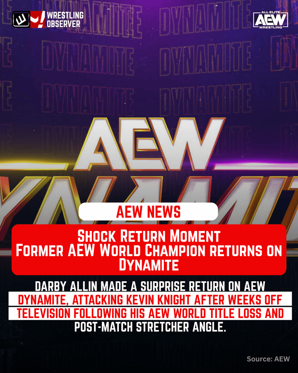WONF4W's tweet photo. Darby Allin makes a surprise return on AEW Dynamite, targeting TNT Champion Kevin Knight after weeks on the shelf.

Read full article here:
https://t.co/9CE4AGxOA9 https://t.co/KyNubgrwGi