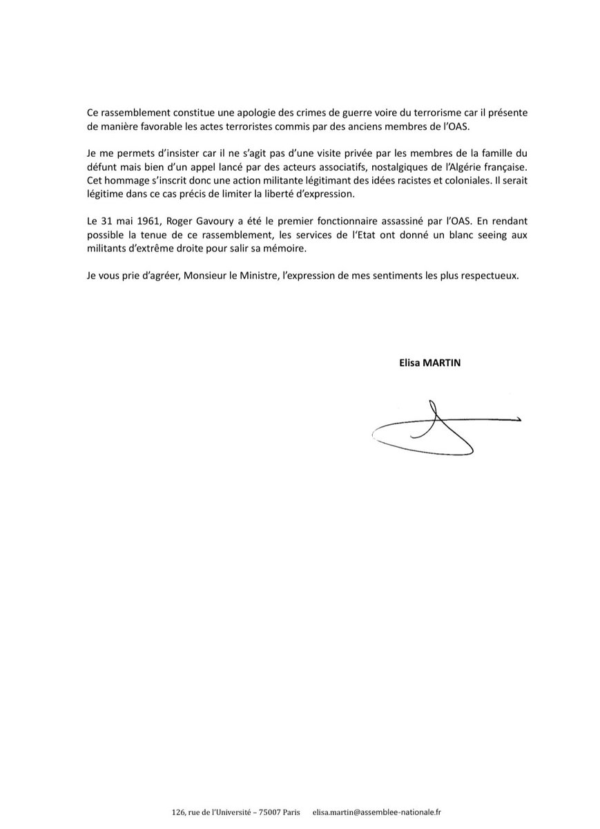 ElisaMartinGre's tweet photo. J'avais interpellé la semaine dernière la préfète de l'Isère demandant l'interdiction d'un rassemblement en hommage à des membres de l'OAS.

Malgré les alertes, l'événement a été autorisé par la préfecture. 

Je saisis le ministre de l'intérieur. https://t.co/vW7A7eZFkl