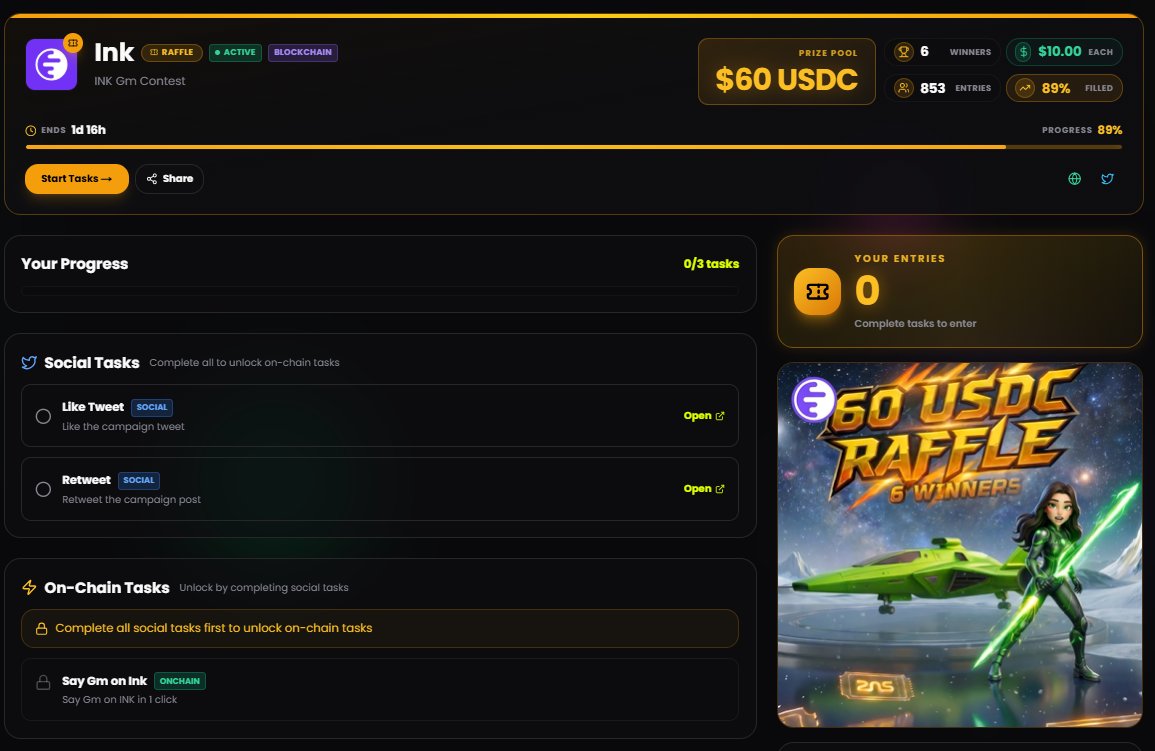 zns_bio's tweet photo. 🎟 $60 USDC RAFFLE · @inkonchain 

→ 6 winners · $10.00 each
→ 853 entries · 89% filled
→ Ends in 1d 16h ⏳

Almost full. Say GM on Ink. Get your tickets now. 🖤

https://t.co/eXsA90yJAJ

#Ink #Raffle #ZNSConnect #Web3 #USDC