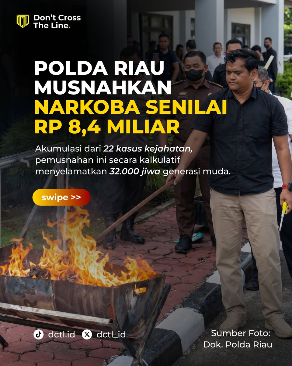 dctl_id's tweet photo. Polda Riau resmi memusnahkan barang bukti narkoba senilai Rp 8,4 Miliar. Penghancuran komoditas haram ini merupakan hasil akumulasi dari 22 kasus penindakan dengan total 24 tersangka sindikat peredaran gelap. #DCTL #NarkobaRiau #PoldaRiau https://t.co/D3wRF0coiY