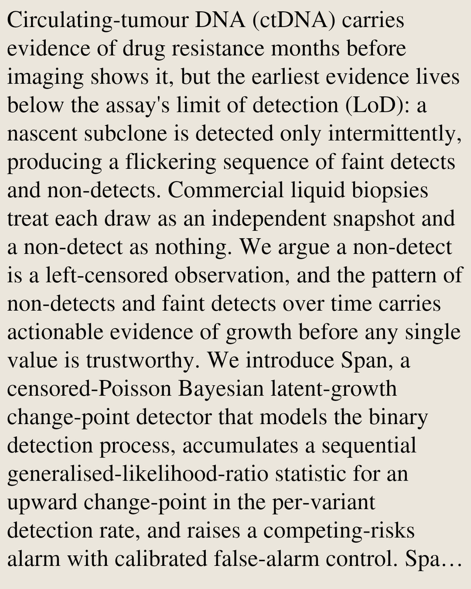 XTXI's tweet photo. Seeing Below the Limit of Detection: A Censored-Poisson Bayesian Latent-Growth Change-Point Detector (the Span Detector) for Serial ctDNA in HR+/HER2- Metastatic Breast Cancer
https://t.co/5ZRdIqIFJe [𝚚-𝚋𝚒𝚘.𝚀𝙼 𝚌𝚜.𝙻𝙶 𝚜𝚝𝚊𝚝.𝙼𝙴]
💬Code: https://t.co/CIy7lVFMSZ https://t.co/vgvkcv3uN5